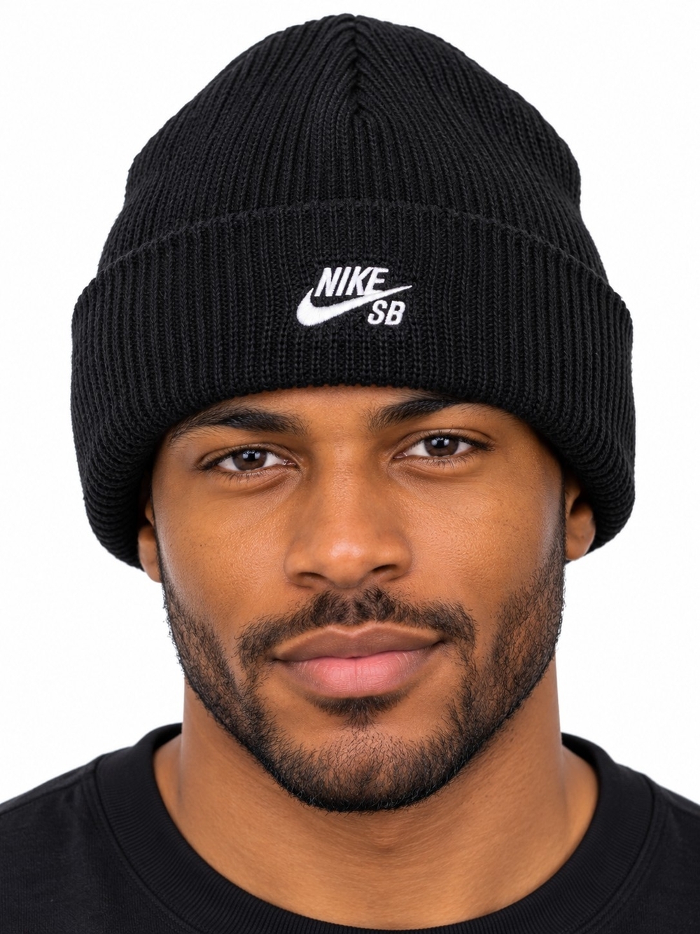 NIKE SB Black Rib-Knit Beanie Skull Cap Black with White Logo SIZE OS NWT